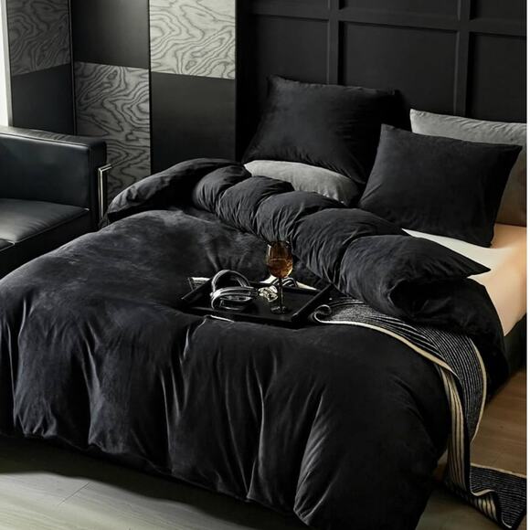 🆕 Black Velvet Duvet Set Luxury Bedding High End Hotel Vibes Moody Dark NEW - Picture 2 of 9